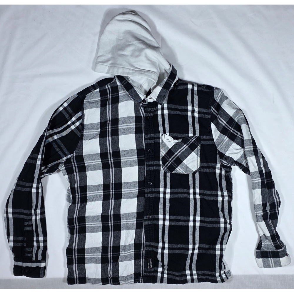 Hollister Mens XL Black White Split Plaid Hooded Flannel Shirt Long Sleeve Hoody